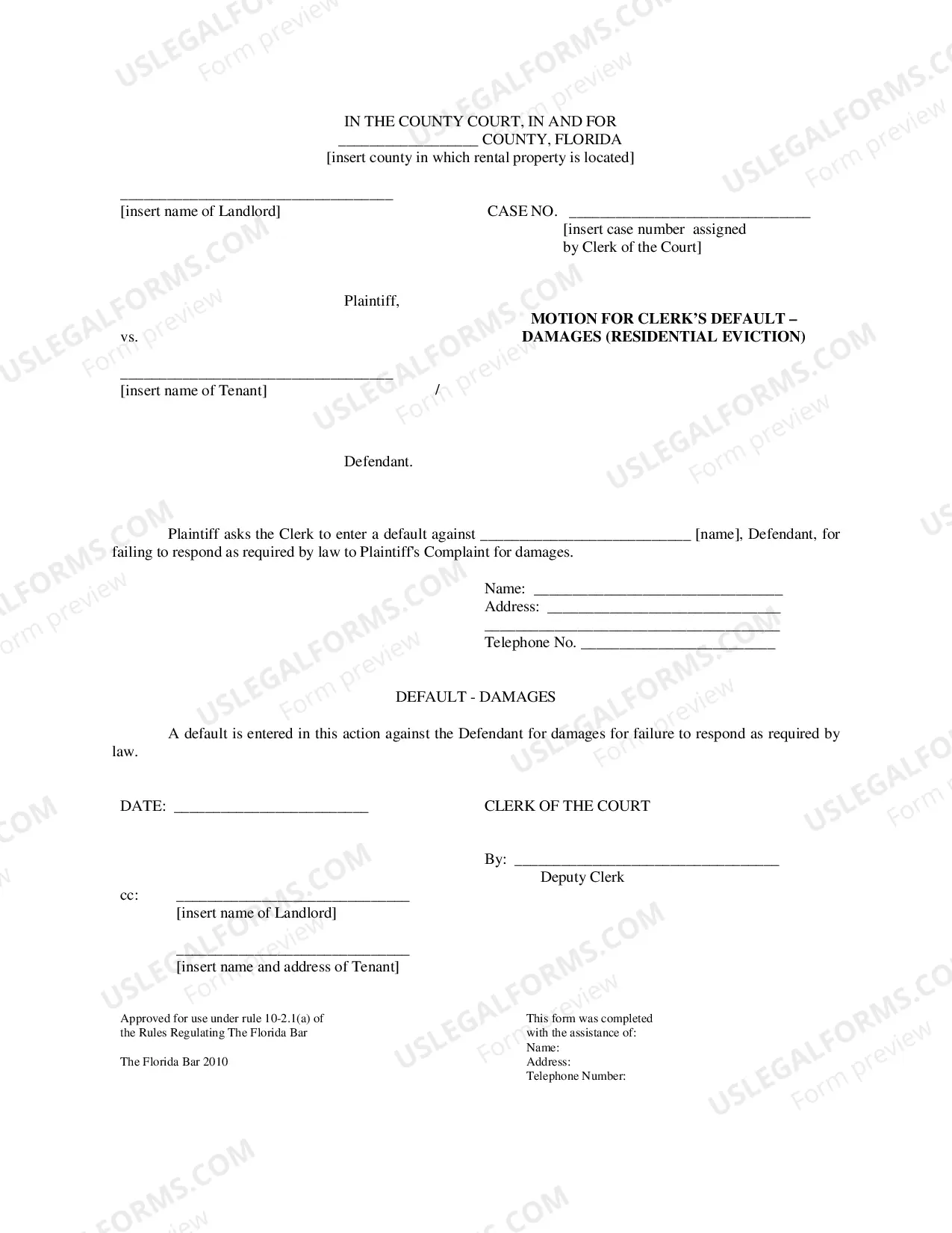Preview Motion For Clerks Default - Residential Eviction Or Damages