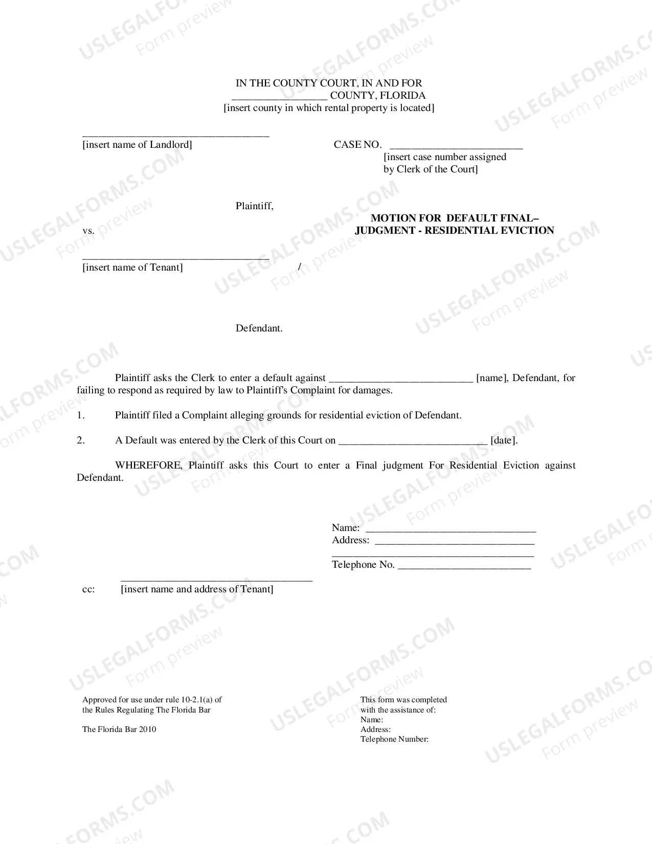 Preview Motion For Default Final Judgment - Residential Eviction
