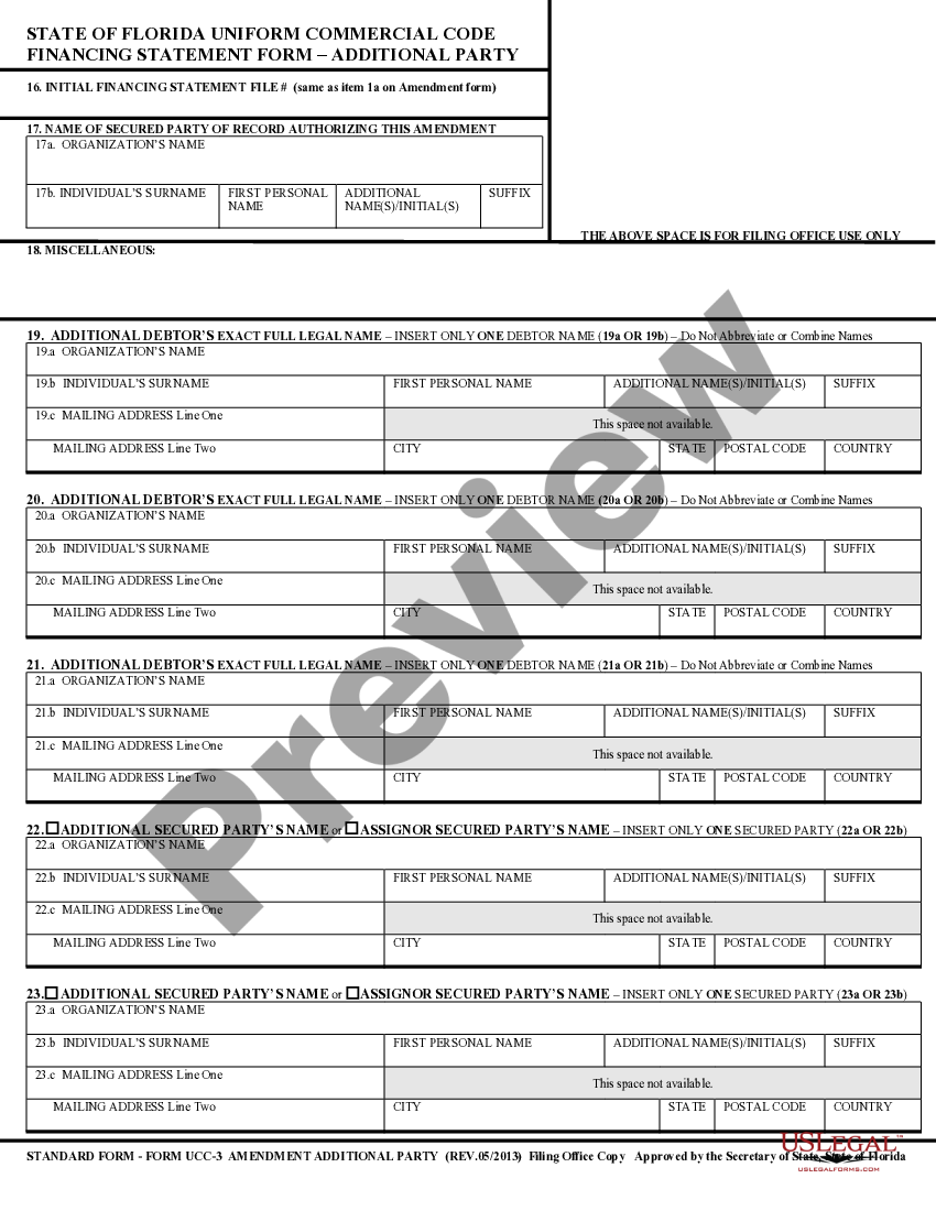 Florida UCC3 Financing Statement Amendment Additional Party Florida 