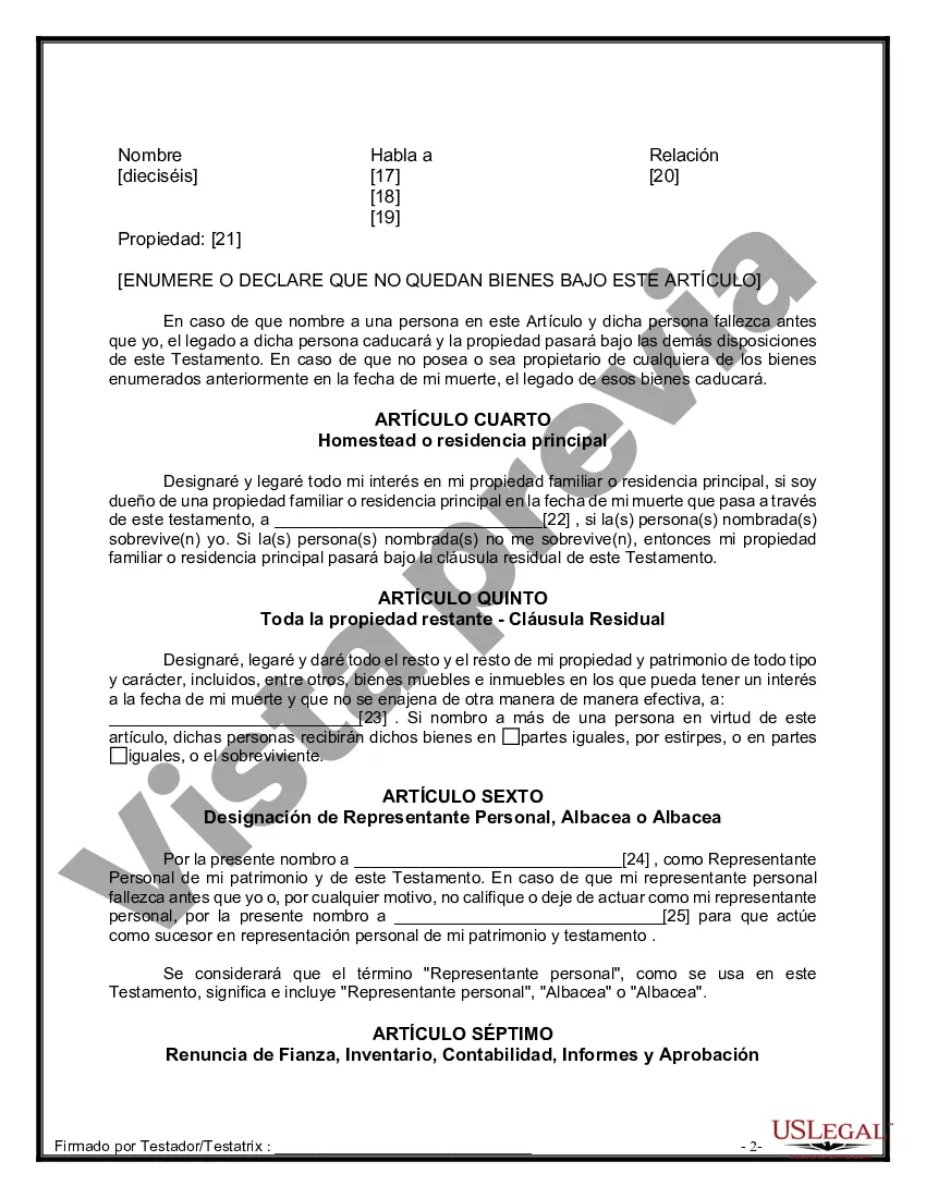 Preview Formulario de última voluntad y testamento legal para persona soltera sin hijos