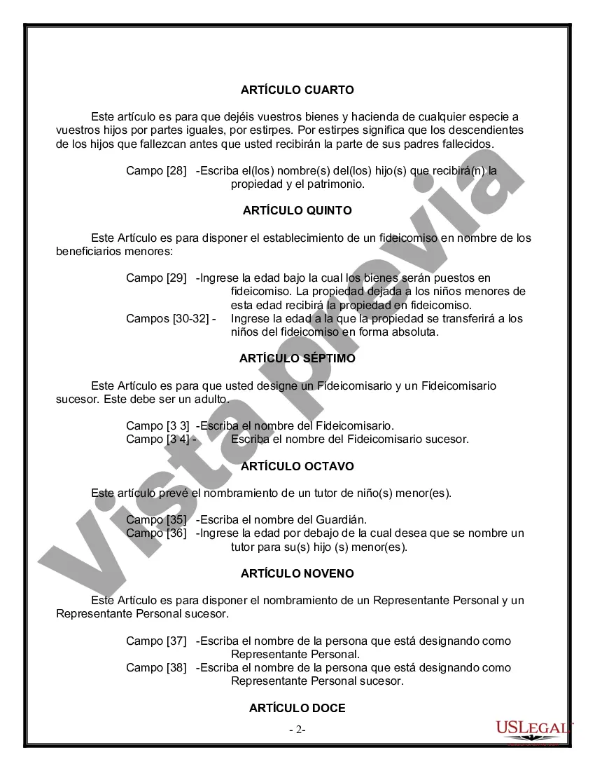 Preview Formulario Legal de Última Voluntad y Testamento para Persona Soltera con Hijos Adultos y Menores