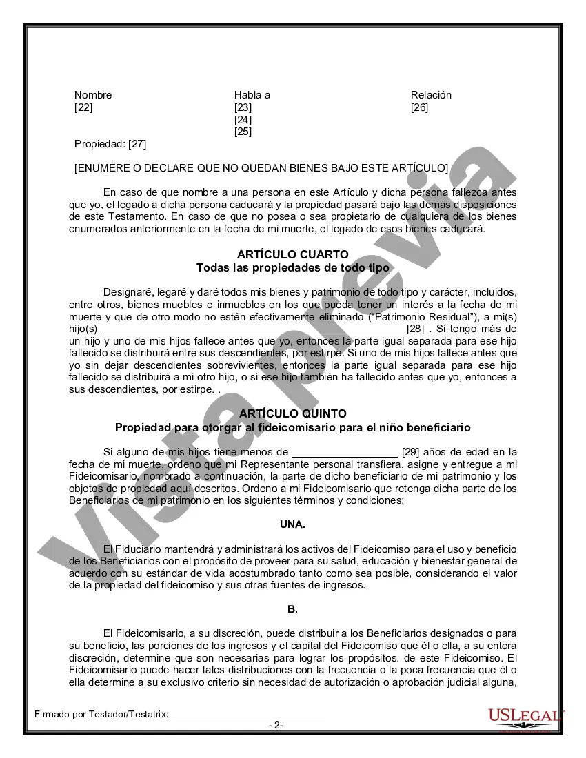 Preview Formulario Legal de Última Voluntad y Testamento para Persona Soltera con Hijos Adultos y Menores