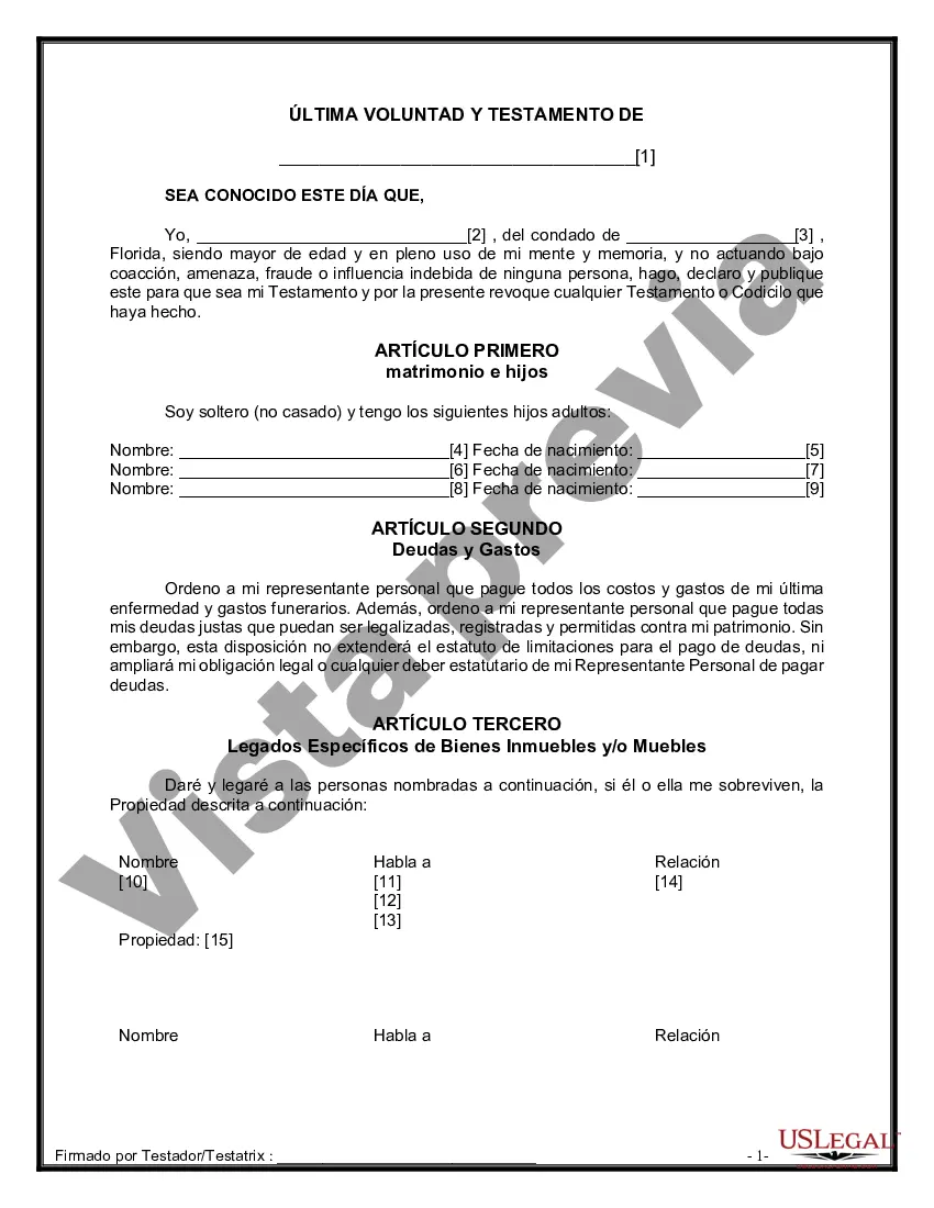Preview Formulario Legal de Última Voluntad y Testamento para Persona Soltera con Hijos Adultos