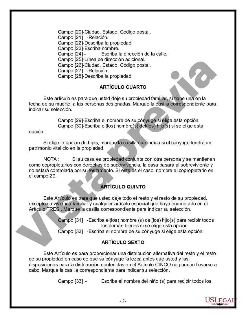 Preview Última voluntad y testamento legal para persona casada con hijos menores de edad de un matrimonio anterior