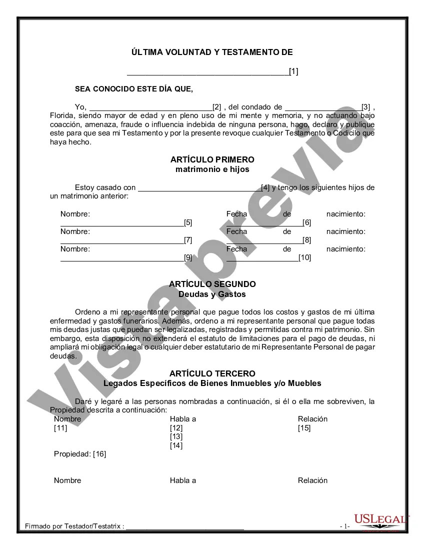Preview Última voluntad y testamento legal para persona casada con hijos menores de edad de un matrimonio anterior