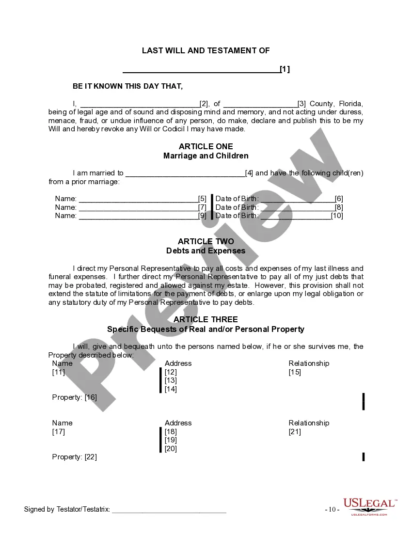 Preview Last Will and Testament for Married person with Minor Children from Prior Marriage