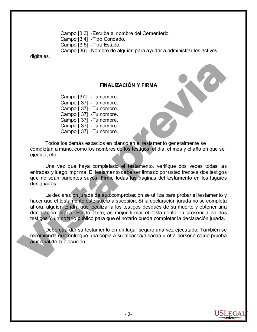 Preview Formulario de última voluntad y testamento legal para personas divorciadas que no se han vuelto a casar con hijos adultos
