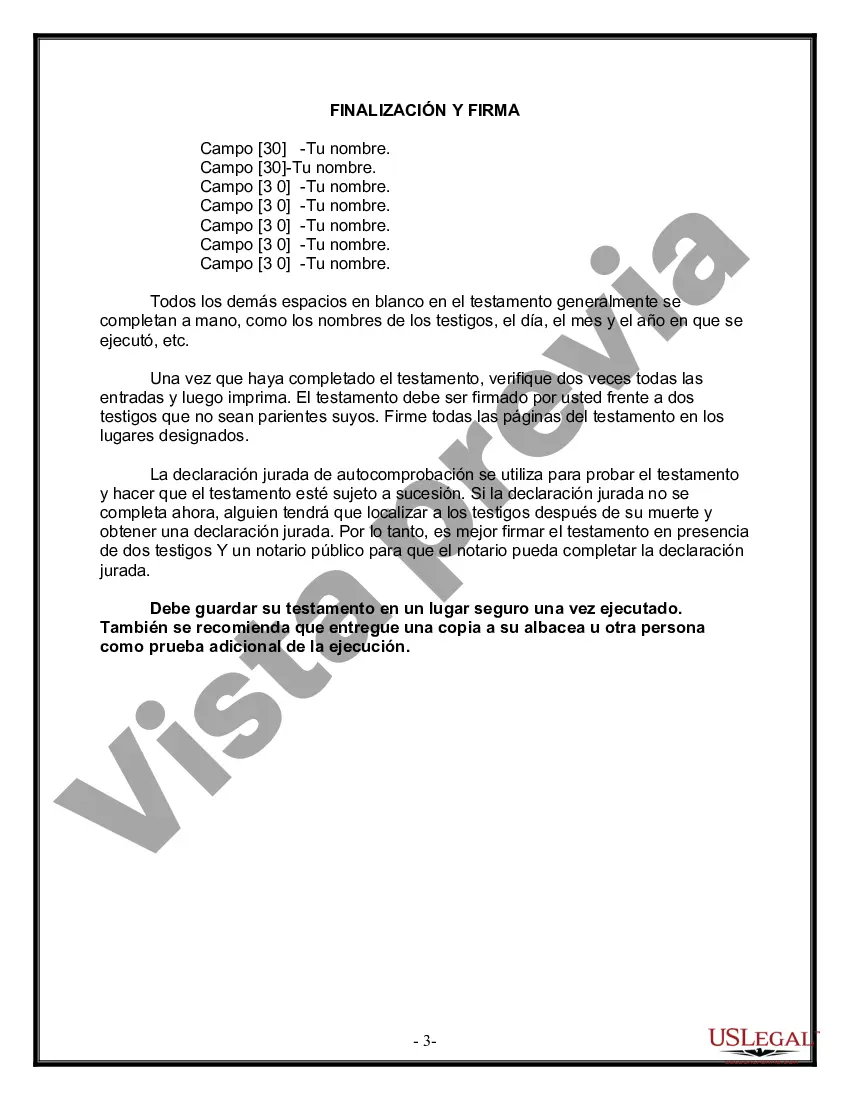 Preview Formulario de última voluntad y testamento legal para personas divorciadas que no se han vuelto a casar y no tienen hijos