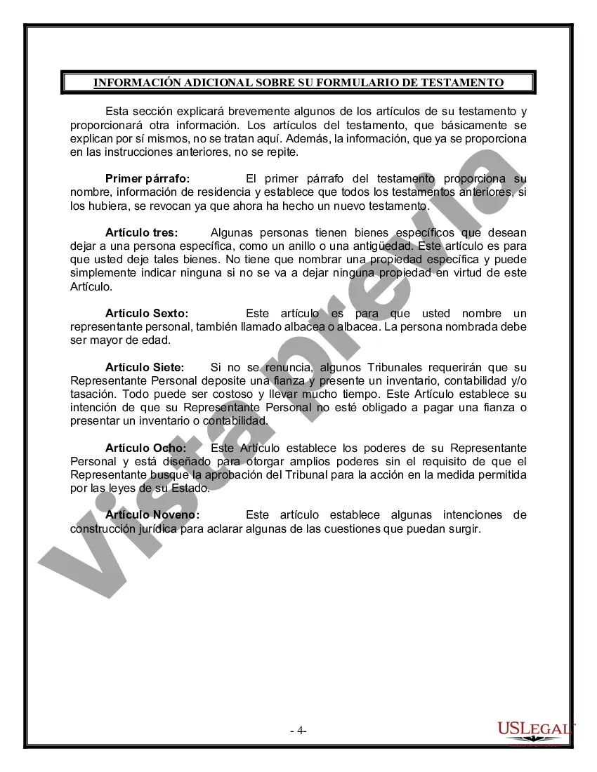 Preview Formulario de última voluntad y testamento legal para personas divorciadas que no se han vuelto a casar y no tienen hijos