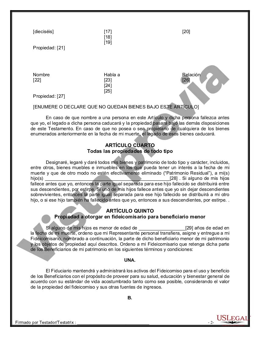 Preview Formulario de última voluntad y testamento legal para personas divorciadas que no se han vuelto a casar con hijos menores