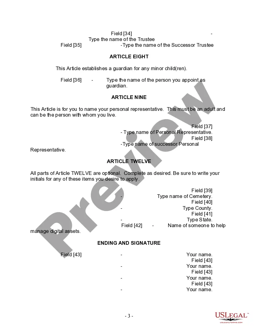 Preview Last Will and Testament for Divorced person not Remarried with Minor Children