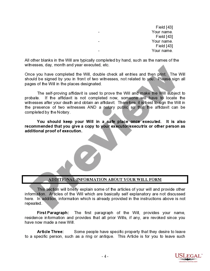 Preview Last Will and Testament for Divorced person not Remarried with Minor Children