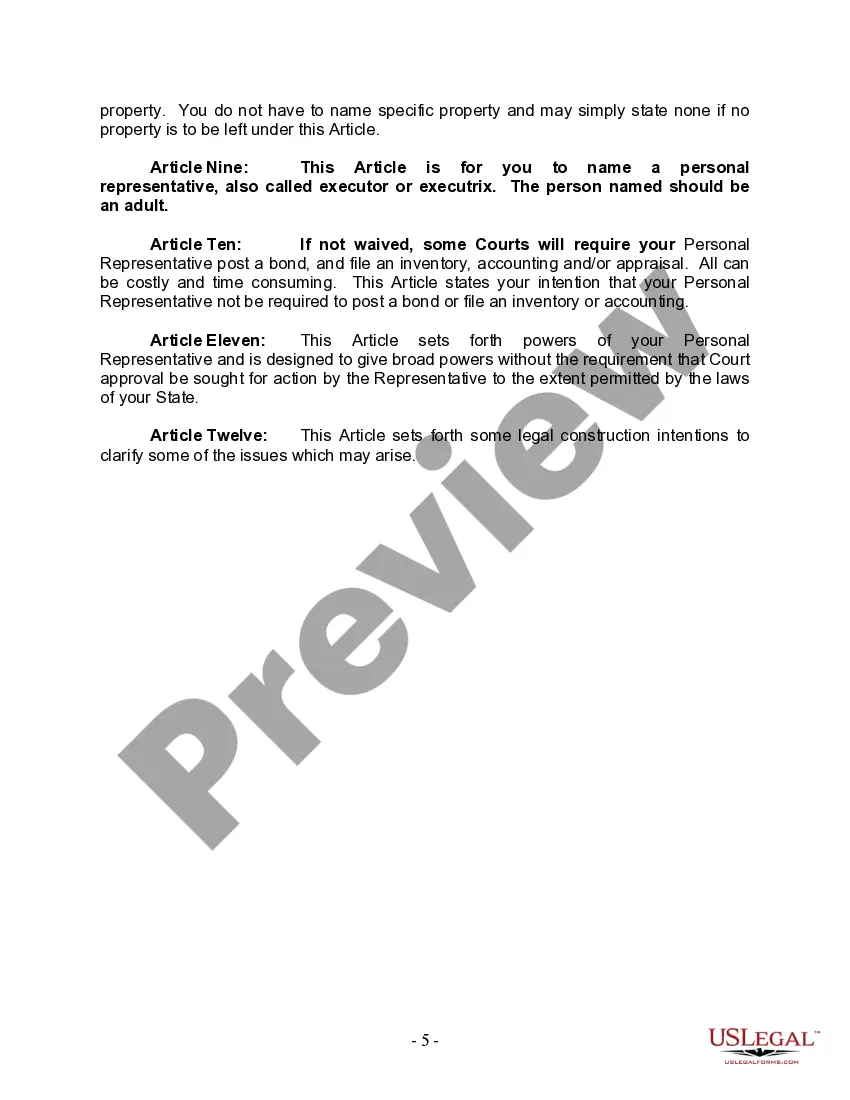 Preview Last Will and Testament for Divorced person not Remarried with Minor Children