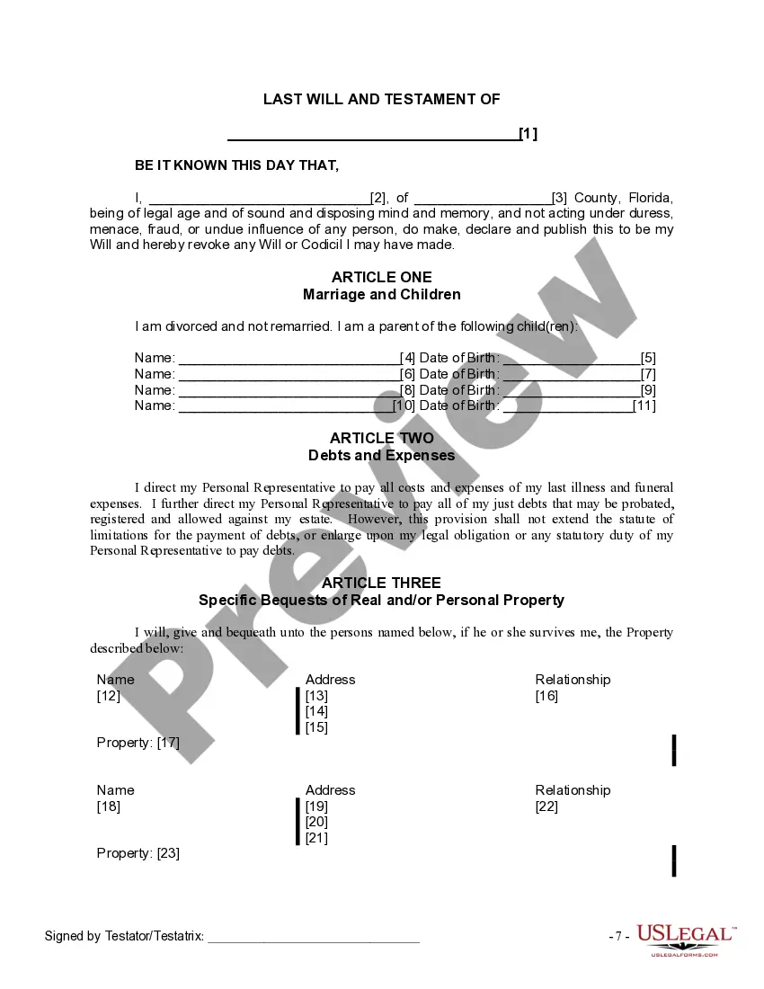 Preview Last Will and Testament for Divorced Person Not Remarried with Adult and Minor Children