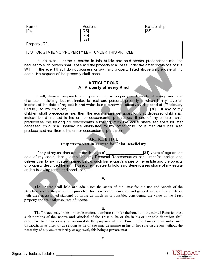 Preview Last Will and Testament for Divorced Person Not Remarried with Adult and Minor Children