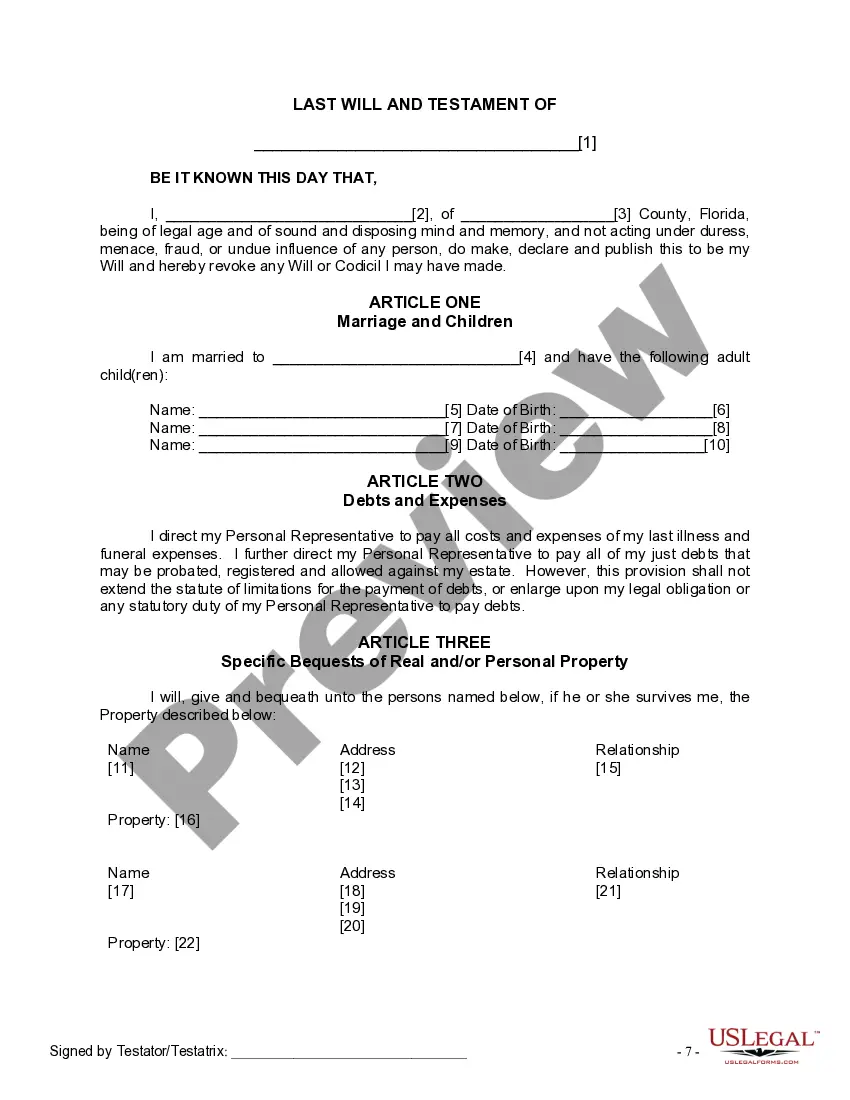 Preview Last Will and Testament for Married person with Adult Children