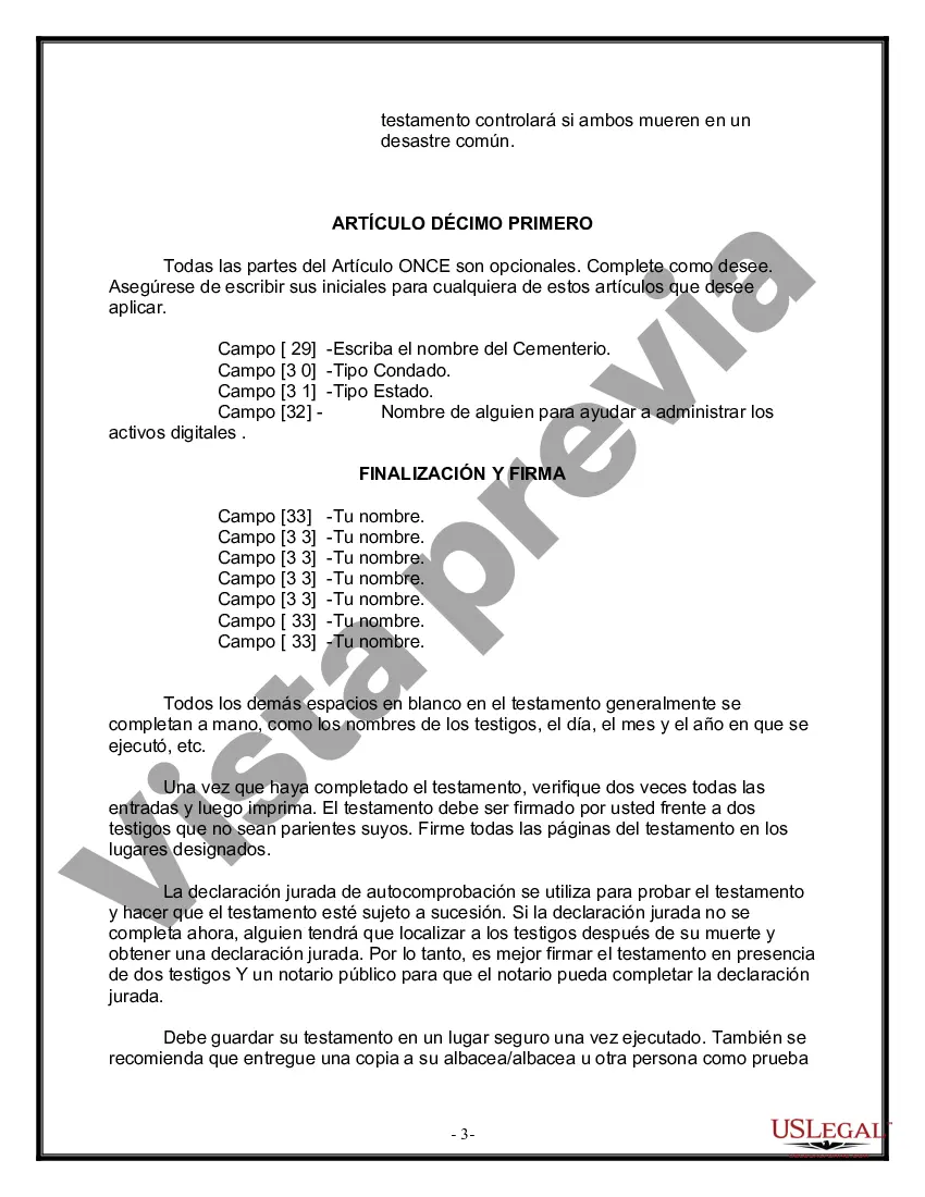 Preview Formulario de última voluntad y testamento legal para una persona casada sin hijos