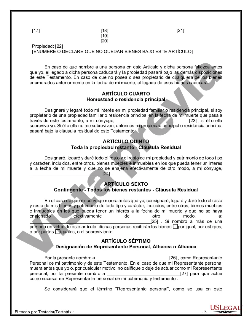 Preview Formulario de última voluntad y testamento legal para una persona casada sin hijos