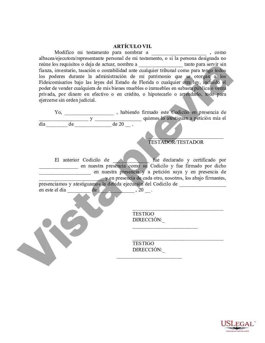 Get Codicilo al formulario de testamento para enmendar su testamento - Cambios o enmiendas de testamento Preview Codicilo al formulario de testamento para enmendar su testamento - Cambios o enmiendas de testamento