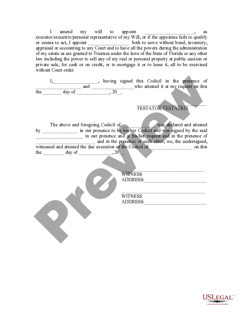 Get Codicil to Will Form for Amending Your Will - Will Changes or Amendments Preview Codicil to Will Form for Amending Your Will - Will Changes or Amendments