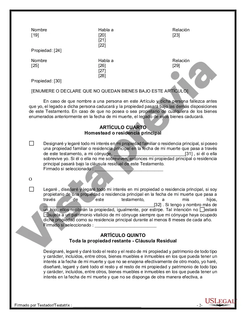 Preview Formulario Legal de Última Voluntad y Testamento para Persona Casada con Hijos Adultos y Menores de Matrimonio Anterior