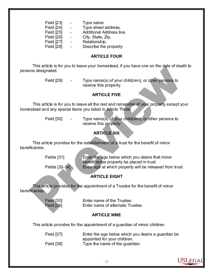 Preview Last Will and Testament for Widow or Widower with Minor Children