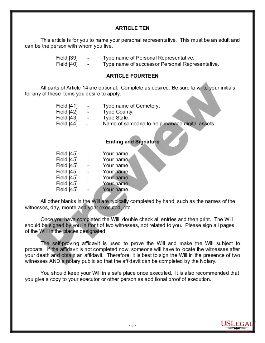 Preview Last Will and Testament for Widow or Widower with Minor Children