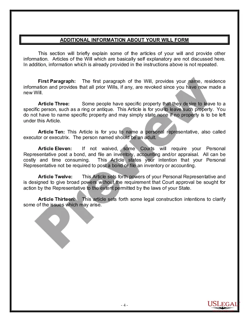 Preview Last Will and Testament for Widow or Widower with Minor Children