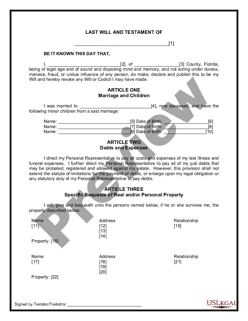 Preview Last Will and Testament for Widow or Widower with Minor Children