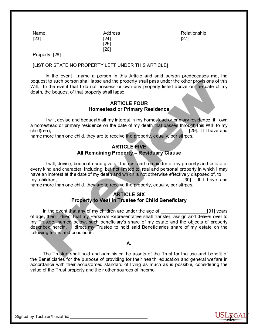 Preview Last Will and Testament for Widow or Widower with Minor Children