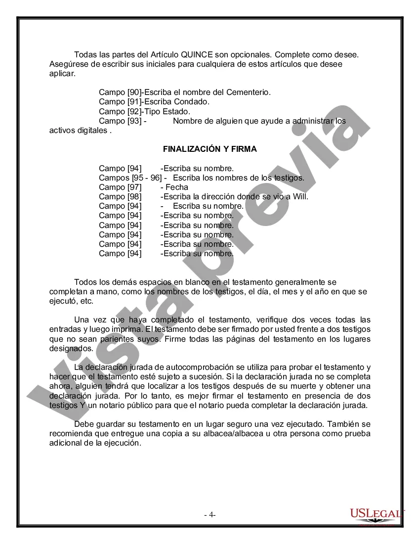 Preview Formulario Legal de Última Voluntad y Testamento para Persona Divorciada y Recasada con Hijos Míos, Tuyos y Nuestros