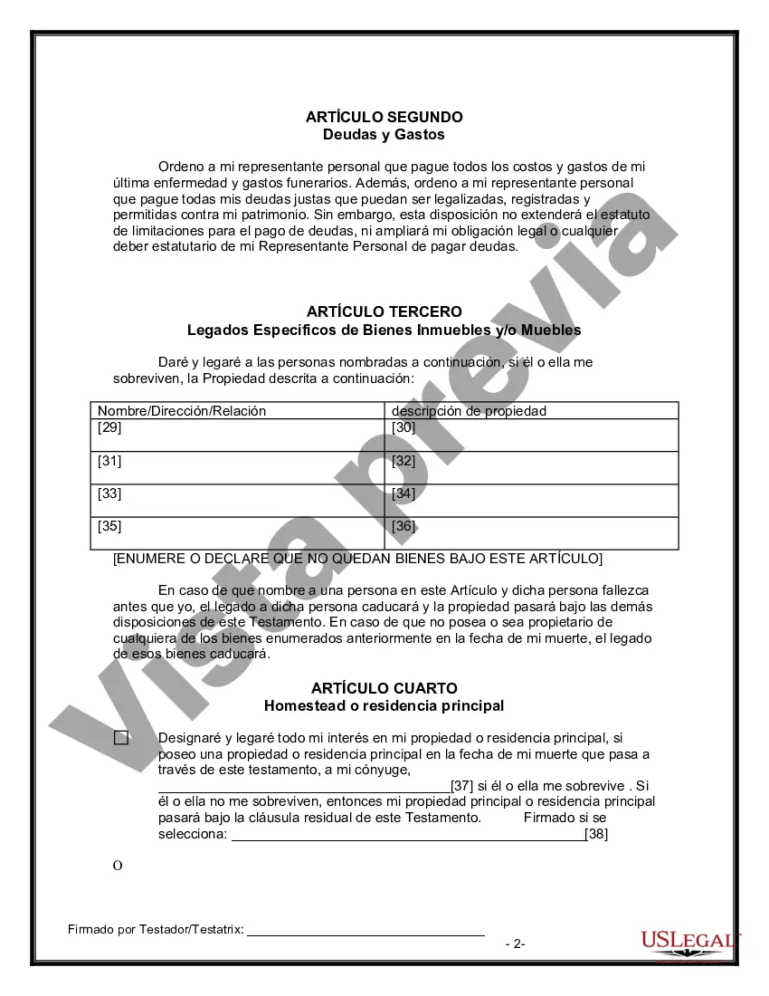 Preview Formulario Legal de Última Voluntad y Testamento para Persona Divorciada y Recasada con Hijos Míos, Tuyos y Nuestros