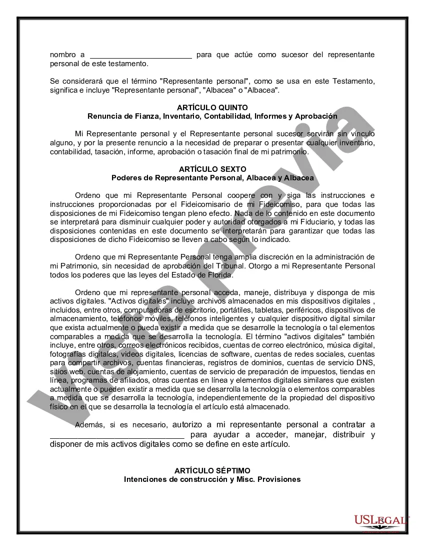 Preview Último testamento legal y formulario de testamento con todos los bienes en fideicomiso llamado testamento invertido