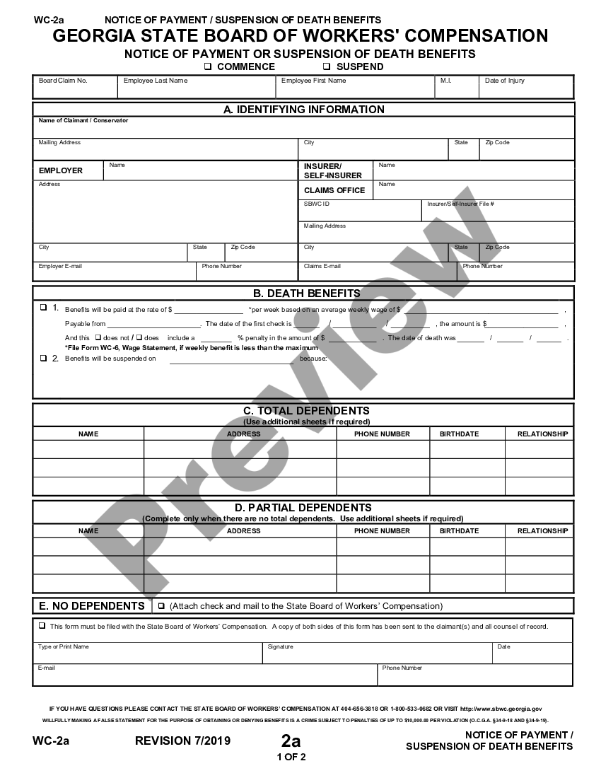 Atlanta Notice Of Payment Or Suspension Of Death Benefits for