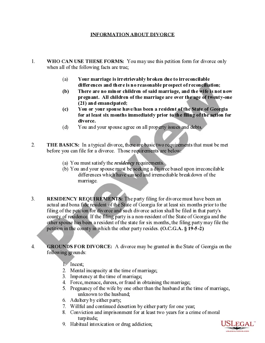 Preview Georgia No-Fault Uncontested Agreed Divorce Package for Dissolution of Marriage with Adult Children and with or without Property and Debts