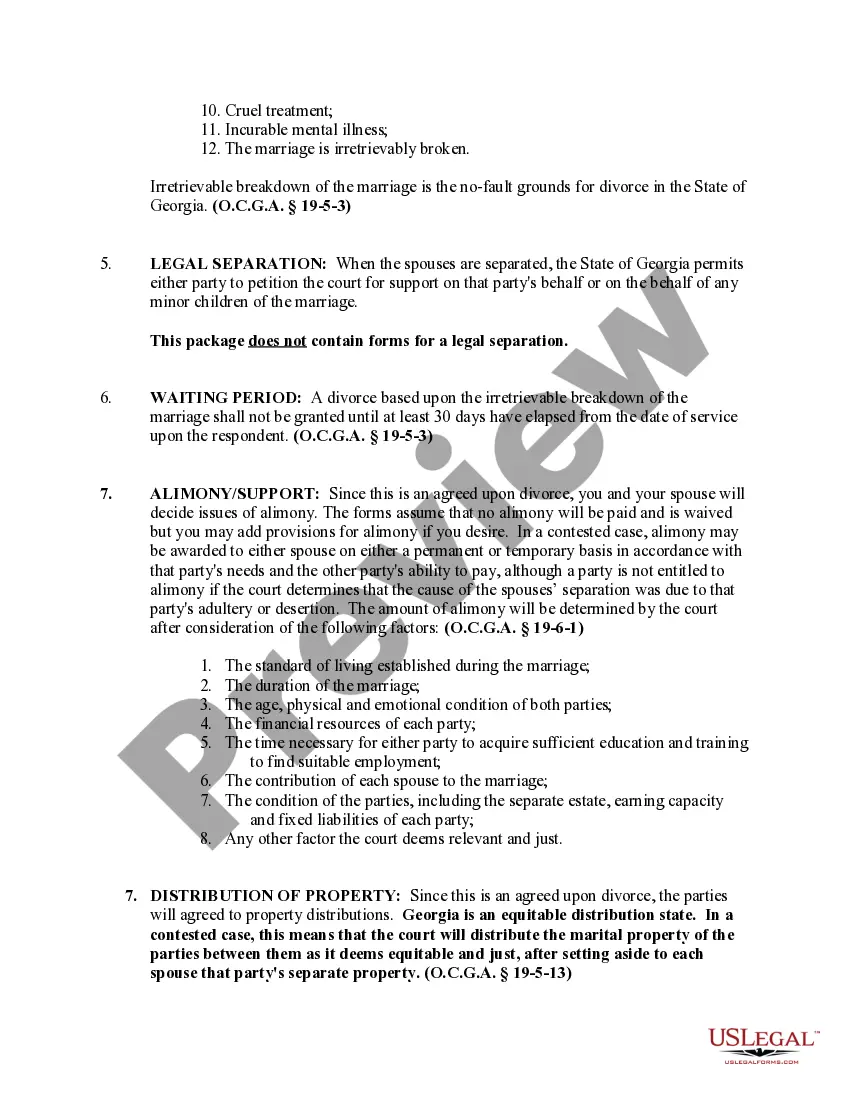 Preview Georgia No-Fault Uncontested Agreed Divorce Package for Dissolution of Marriage with Adult Children and with or without Property and Debts