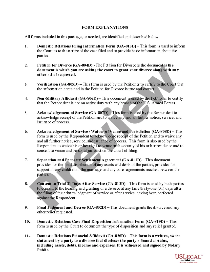 Preview Georgia No-Fault Uncontested Agreed Divorce Package for Dissolution of Marriage with Adult Children and with or without Property and Debts