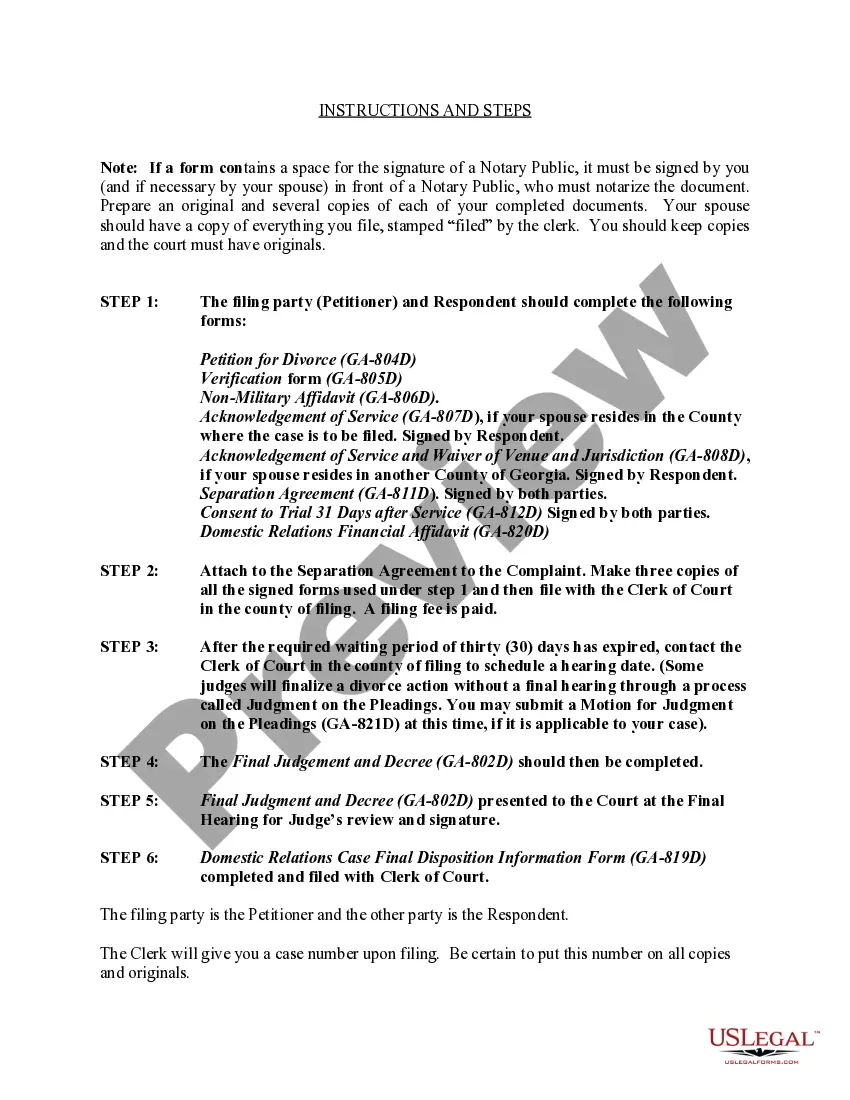 Preview Georgia No-Fault Uncontested Agreed Divorce Package for Dissolution of Marriage with Adult Children and with or without Property and Debts