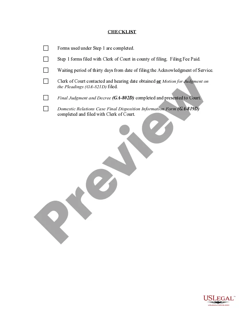 Preview Georgia No-Fault Uncontested Agreed Divorce Package for Dissolution of Marriage with Adult Children and with or without Property and Debts