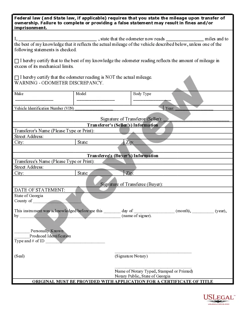 Preview Bill of Sale for Automobile or Vehicle including Odometer Statement and Promissory Note