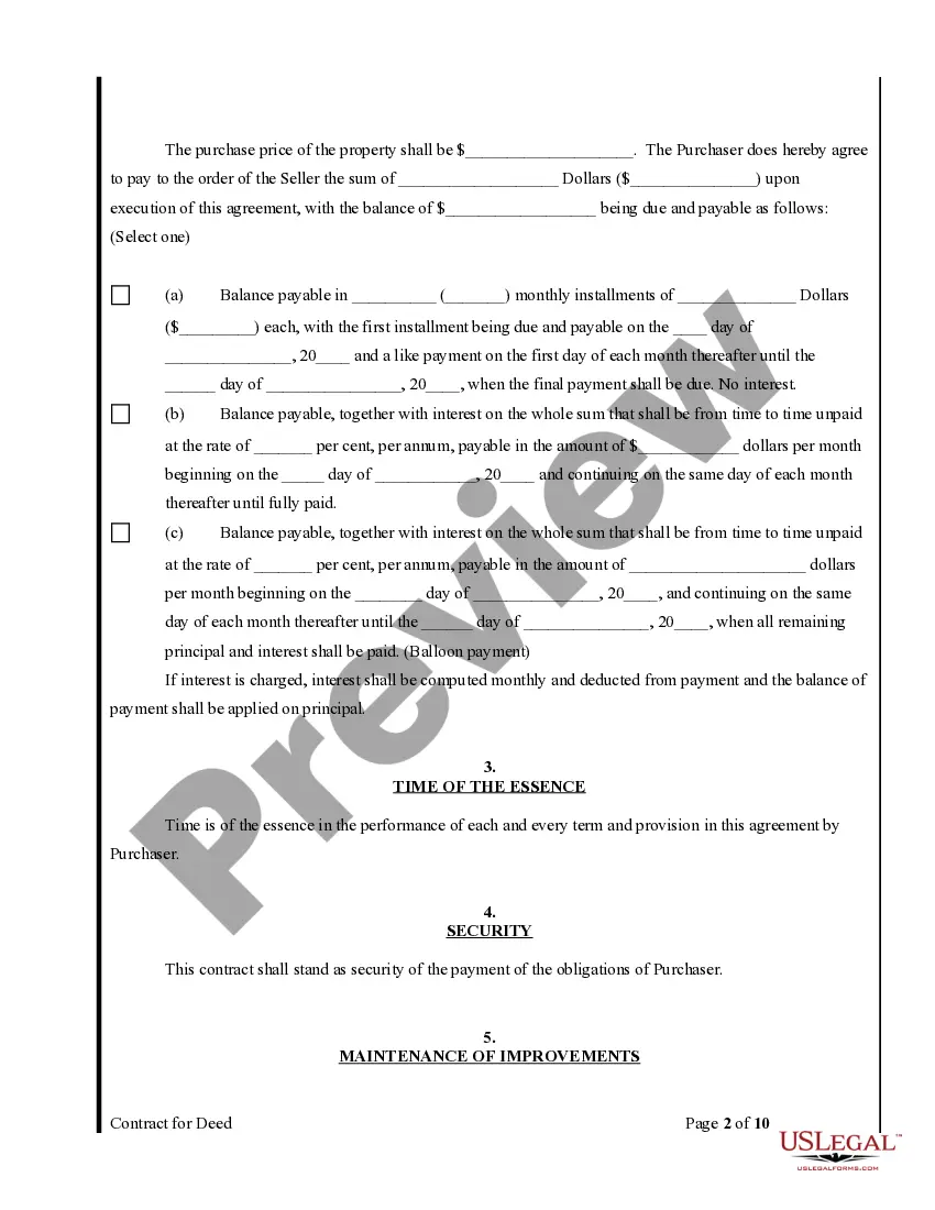 Preview Agreement or Contract for Deed for Sale and Purchase of Real Estate a/k/a Land or Executory Contract
