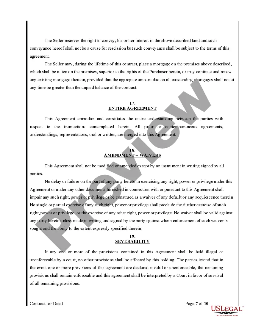 Preview Agreement or Contract for Deed for Sale and Purchase of Real Estate a/k/a Land or Executory Contract