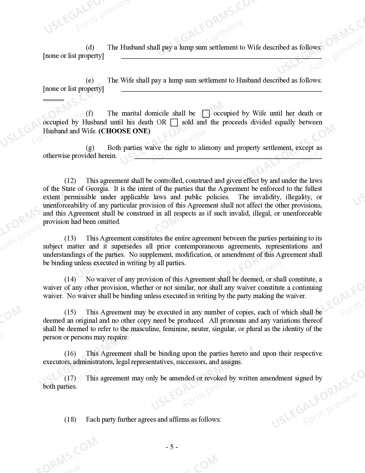 Preview Georgia Prenuptial Premarital Agreement without Financial Statements