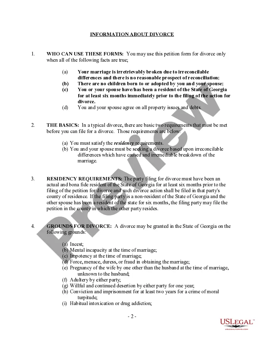 Preview Georgia No-Fault Agreed Uncontested Divorce Package for Dissolution of Marriage for Persons with No Children with or without Property and Debts