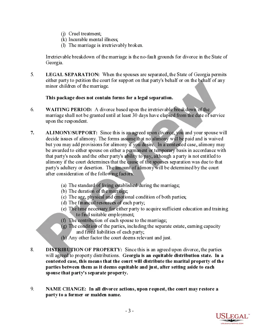 Preview Georgia No-Fault Agreed Uncontested Divorce Package for Dissolution of Marriage for Persons with No Children with or without Property and Debts