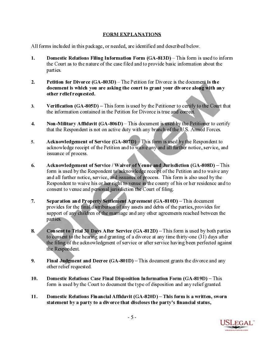 Preview Georgia No-Fault Agreed Uncontested Divorce Package for Dissolution of Marriage for Persons with No Children with or without Property and Debts