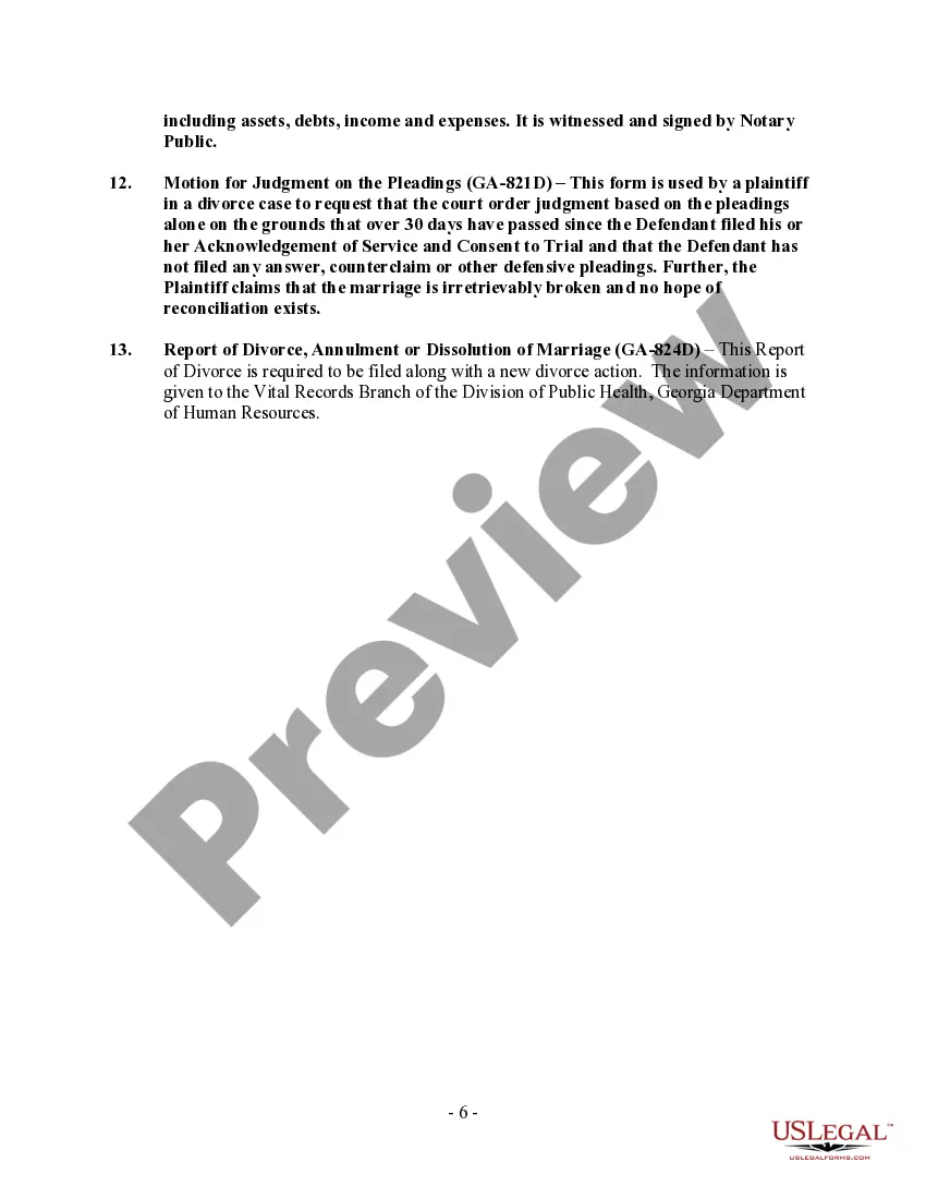 Preview Georgia No-Fault Agreed Uncontested Divorce Package for Dissolution of Marriage for Persons with No Children with or without Property and Debts