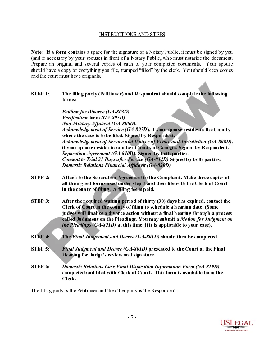 Preview Georgia No-Fault Agreed Uncontested Divorce Package for Dissolution of Marriage for Persons with No Children with or without Property and Debts