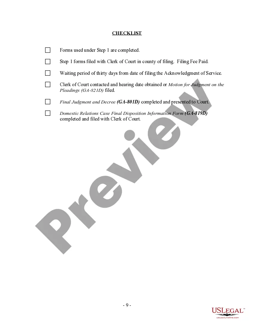 Preview Georgia No-Fault Agreed Uncontested Divorce Package for Dissolution of Marriage for Persons with No Children with or without Property and Debts