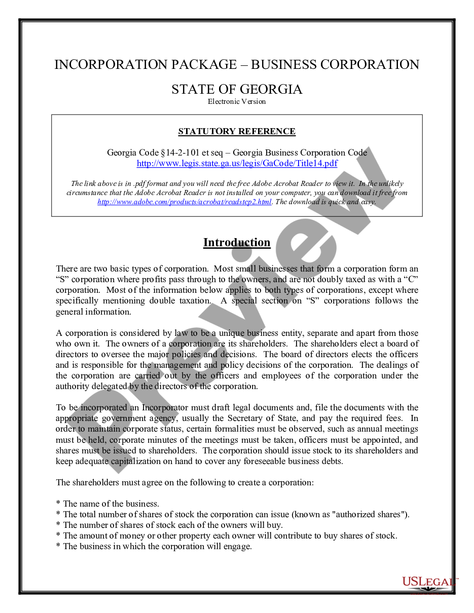 form Georgia Business Incorporation Package to Incorporate Corporation preview